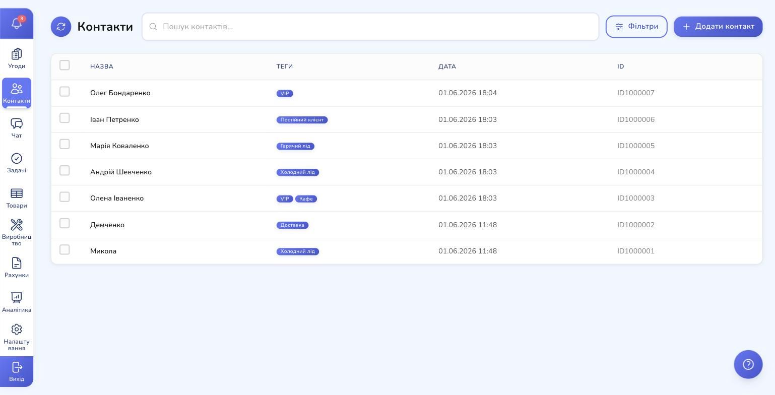 The Contacts section in RevukCRM — list view with tags, search, filters and the create button