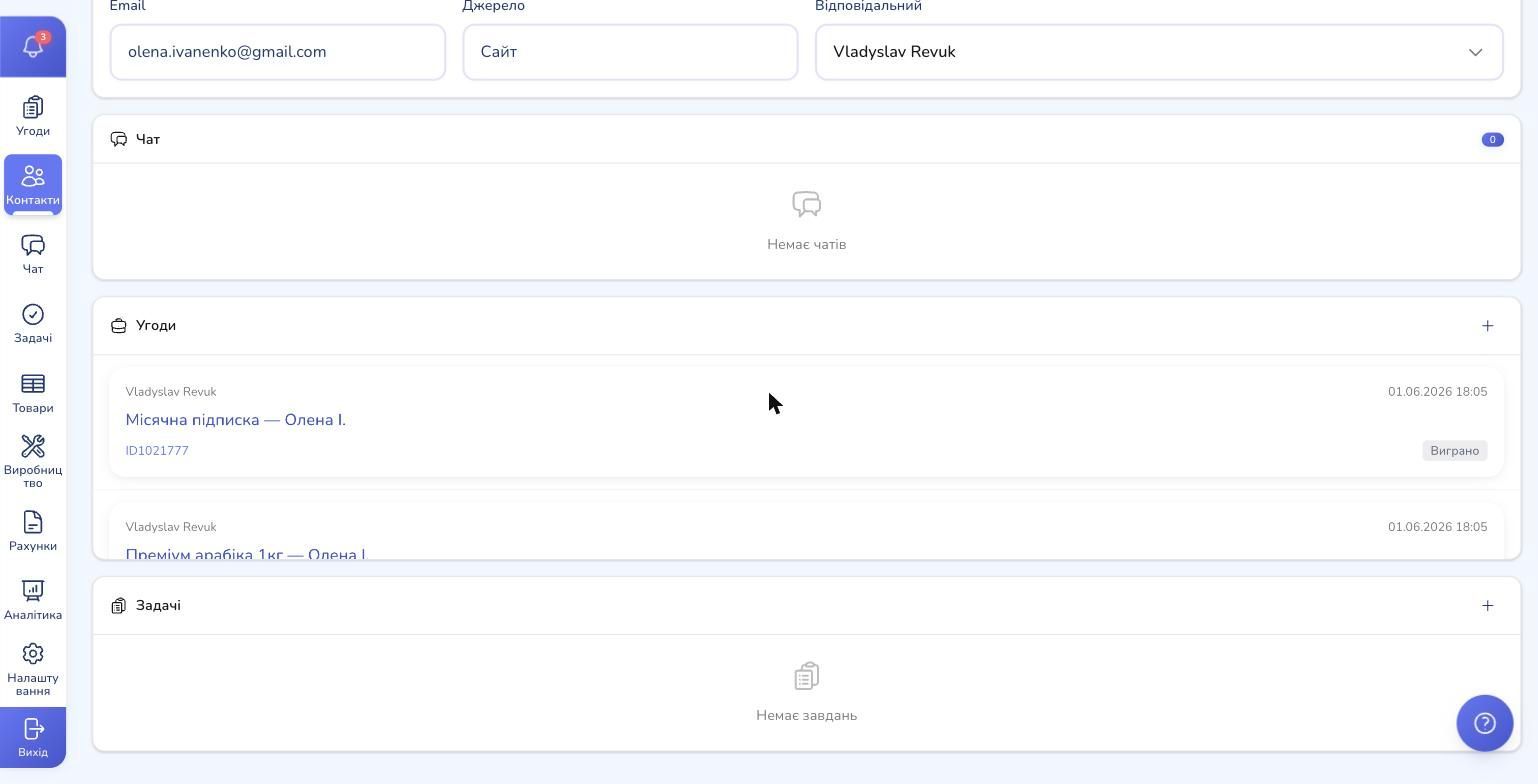 The 360° card: full chat history, deals and tasks for the customer on a single page