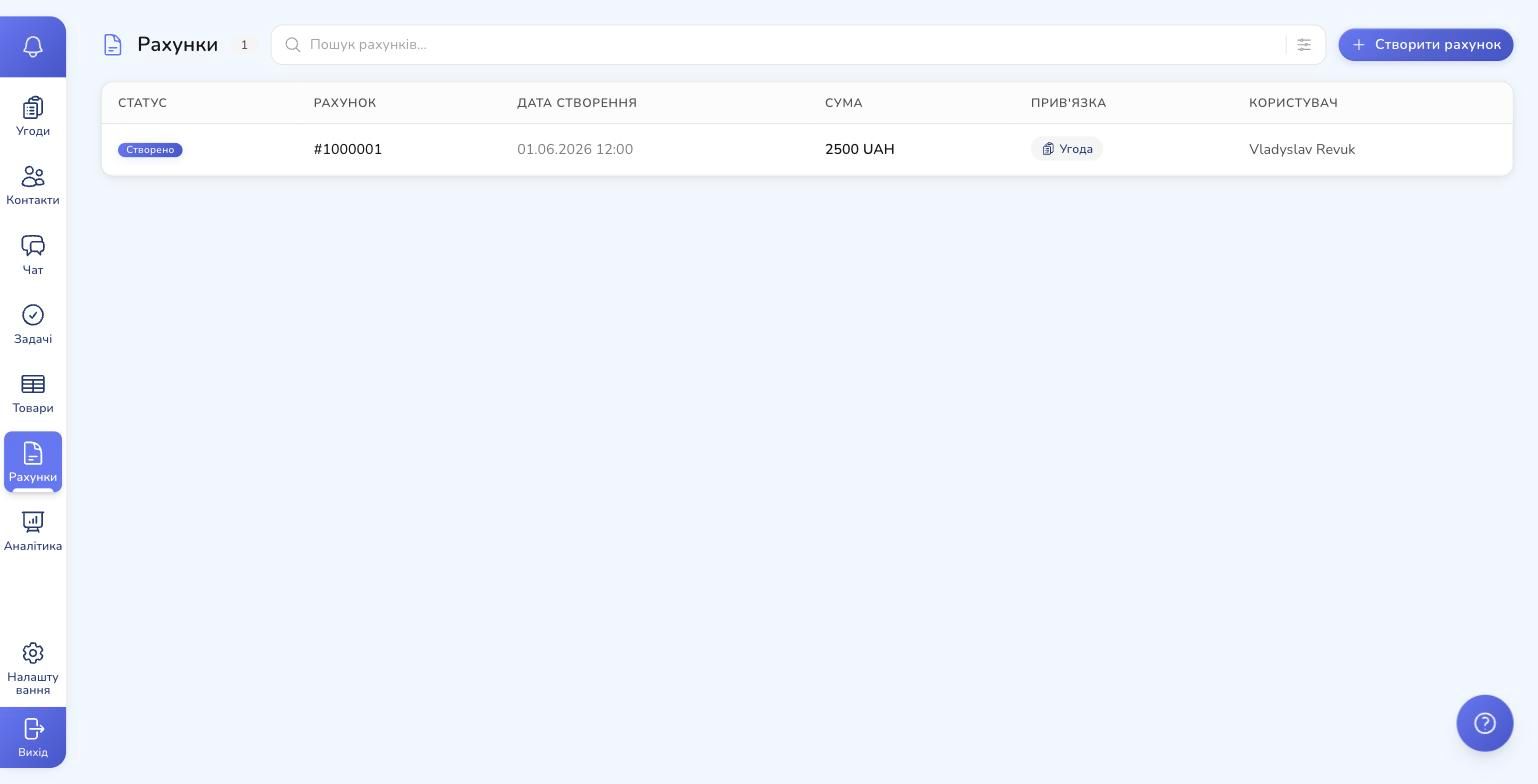 The Invoices registry in RevukCRM with deal links