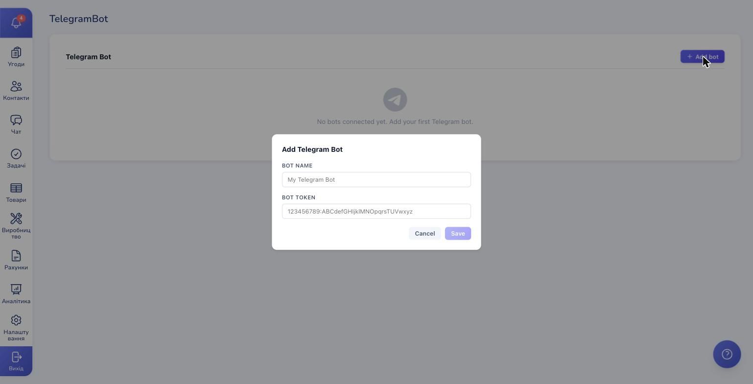 Add Telegram bot form — Bot Name and Bot Token