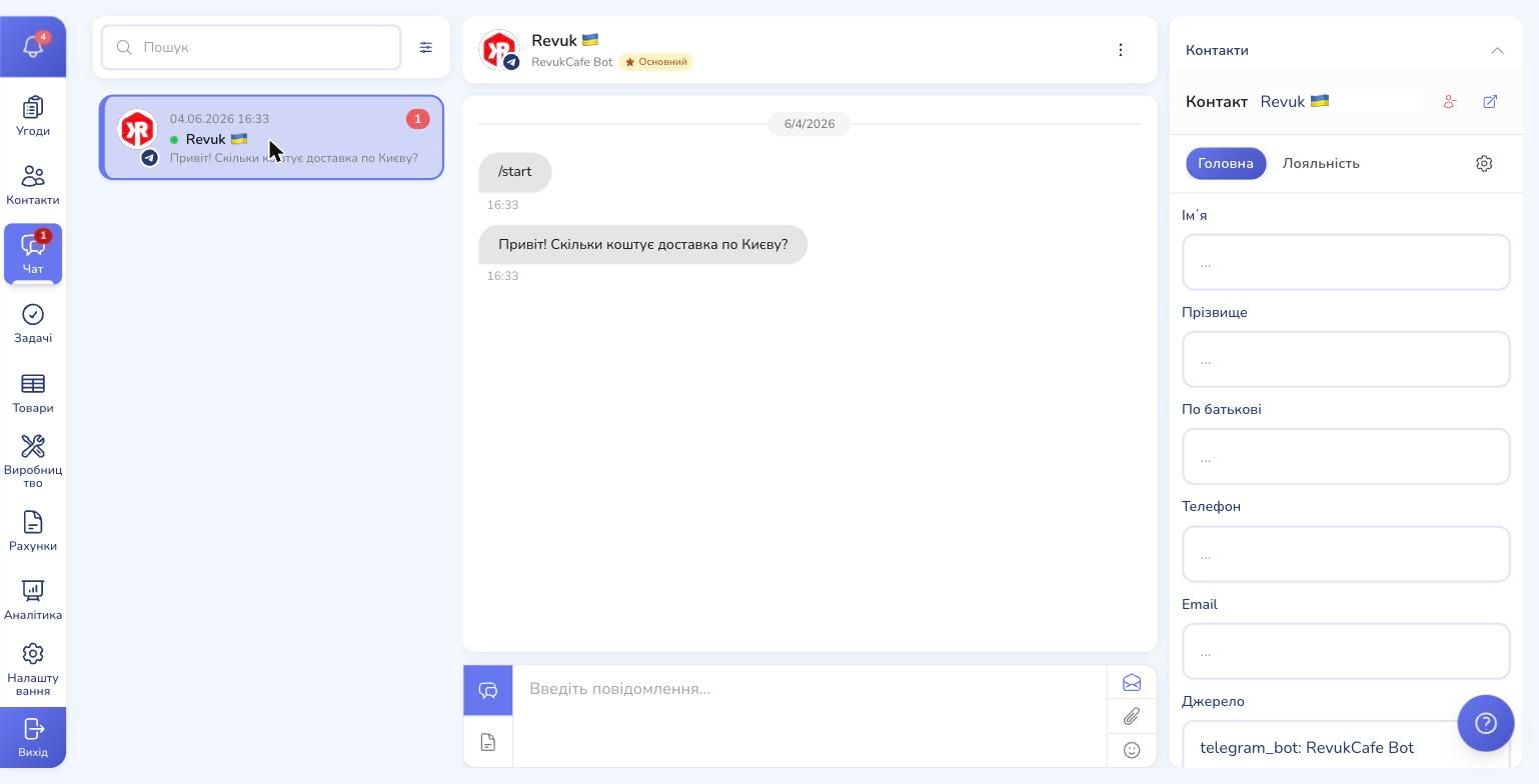 First Telegram message in the CRM inbox