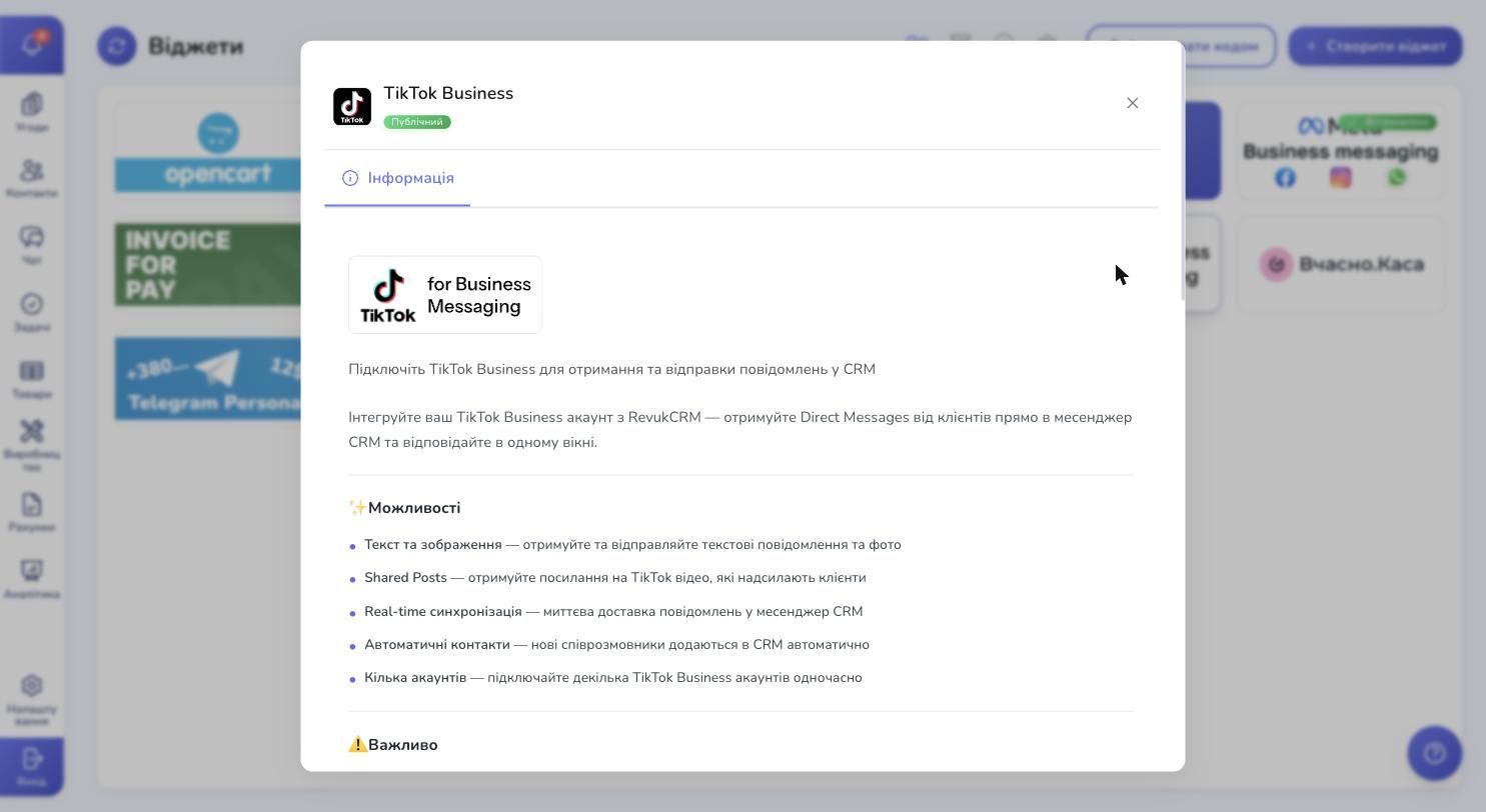 TikTok Business widget description with features
